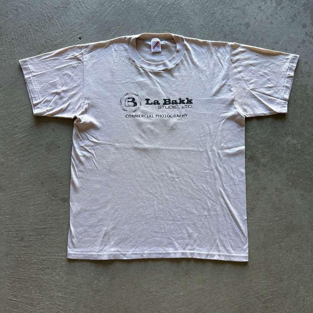Vintage 80s La Bakk Studio Shirt Size XL Beige Commercial Photography Camera